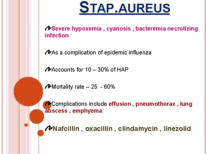 STAP. AUREUS Severe hypoxemia , cyanosis , bacteremia necrotizing infection As a complication of