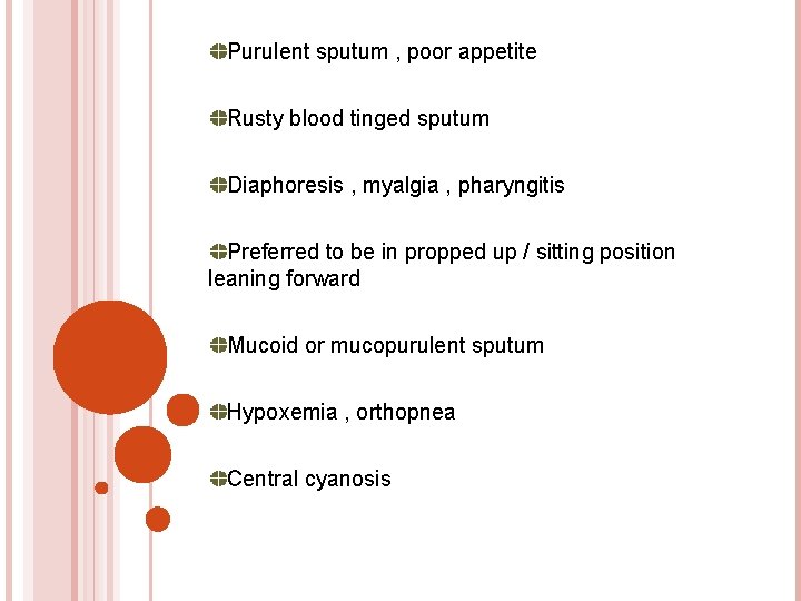 Purulent sputum , poor appetite Rusty blood tinged sputum Diaphoresis , myalgia , pharyngitis