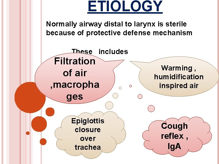 ETIOLOGY Normally airway distal to larynx is sterile because of protective defense mechanism These