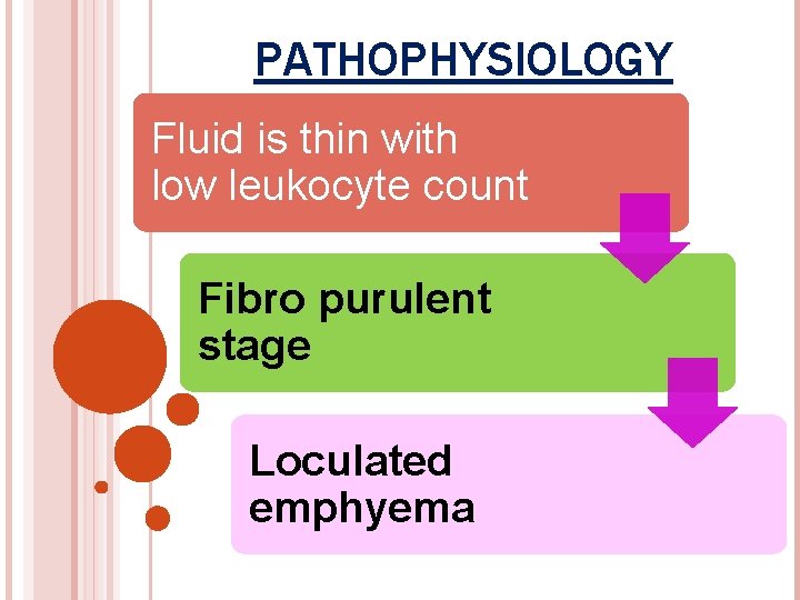 PATHOPHYSIOLOGY Fluid is thin with low leukocyte count Fibro purulent stage Loculated emphyema 