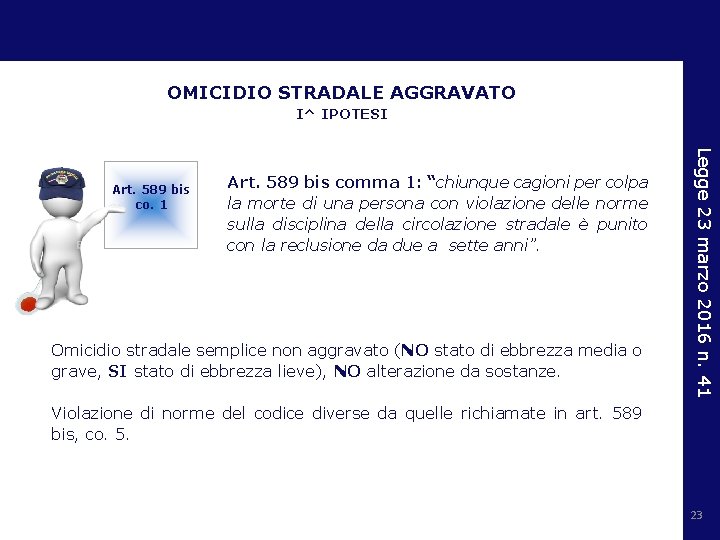 OMICIDIO STRADALE AGGRAVATO I^ IPOTESI Art. 589 bis comma 1: “chiunque cagioni per colpa