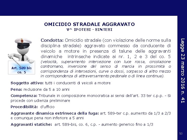 OMICIDIO STRADALE AGGRAVATO V^ IPOTESI - SINTESI Art. 589 bis co. 5 (velocità, superamento