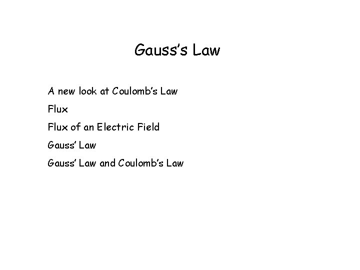 Gauss’s Law A new look at Coulomb’s Law Flux of an Electric Field Gauss’