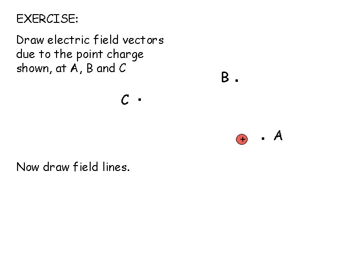 EXERCISE: Draw electric field vectors due to the point charge shown, at A, B