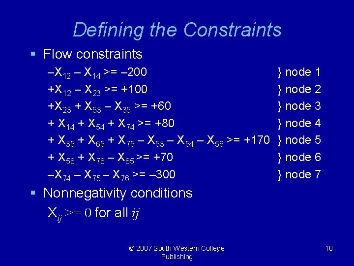 Defining the Constraints § Flow constraints –X 12 – X 14 >= – 200