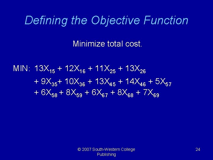 Defining the Objective Function Minimize total cost. MIN: 13 X 15 + 12 X