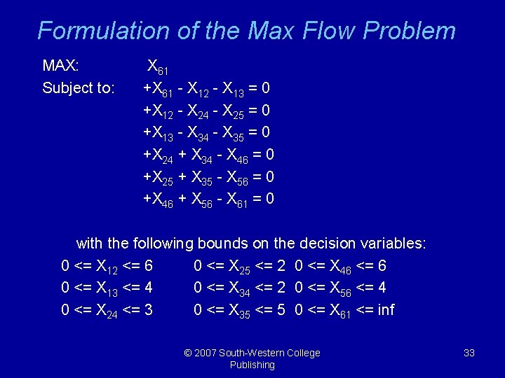 Formulation of the Max Flow Problem MAX: Subject to: X 61 +X 61 -