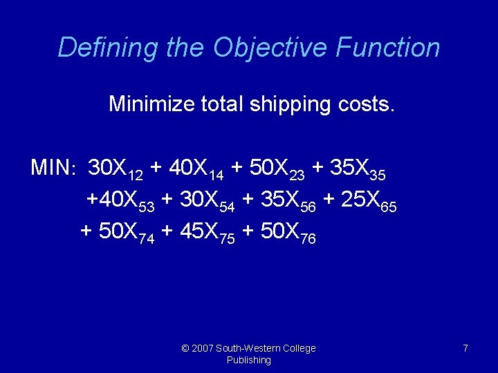 Defining the Objective Function Minimize total shipping costs. MIN: 30 X 12 + 40