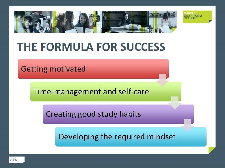 THE FORMULA FOR SUCCESS Getting motivated Time-management and self-care Creating good study habits Developing