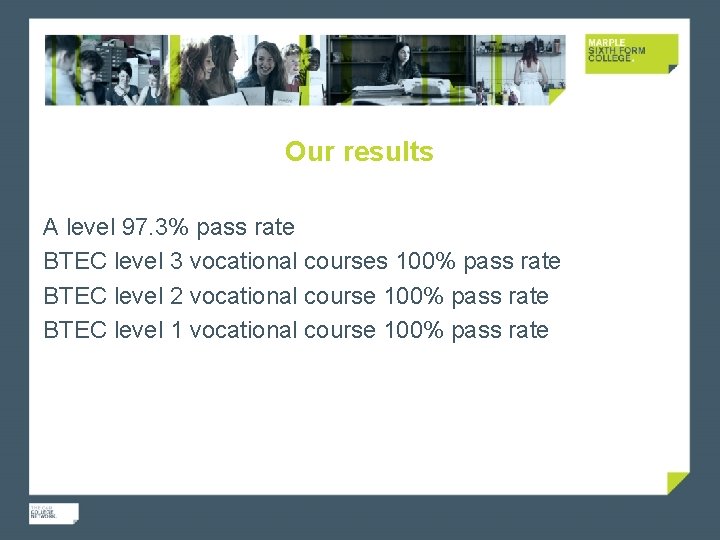 Our results A level 97. 3% pass rate BTEC level 3 vocational courses 100%