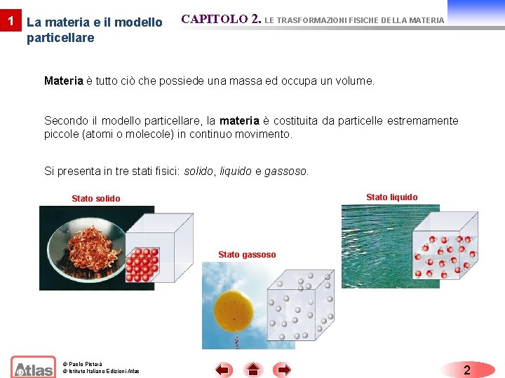 1 La materia e il modello particellare CAPITOLO 2. LE TRASFORMAZIONI FISICHE DELLA MATERIA
