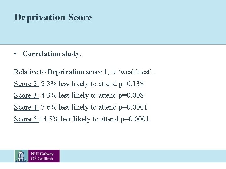 Deprivation Score • Correlation study: Relative to Deprivation score 1, ie ‘wealthiest’; Score 2: