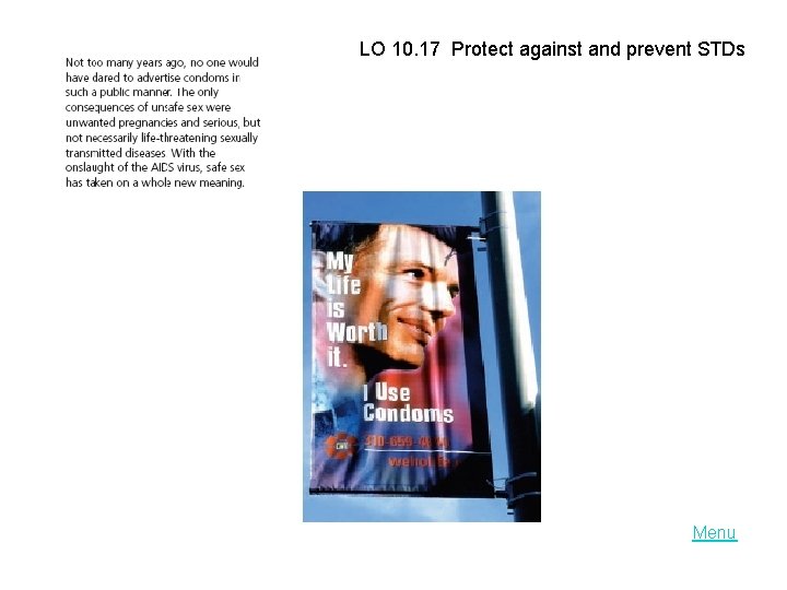 LO 10. 17 Protect against and prevent STDs Menu 