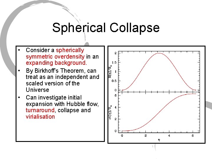 Spherical Collapse • Consider a spherically symmetric overdensity in an expanding background. • By