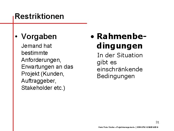 Restriktionen • Vorgaben Jemand hat bestimmte Anforderungen, Erwartungen an das Projekt (Kunden, Auftraggeber, Stakeholder