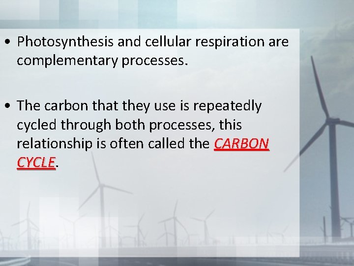  • Photosynthesis and cellular respiration are complementary processes. • The carbon that they