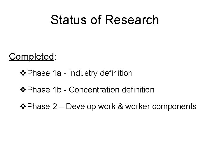 Status of Research Completed: v. Phase 1 a - Industry definition v. Phase 1