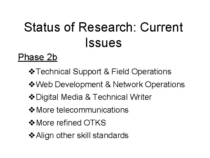 Status of Research: Current Issues Phase 2 b v. Technical Support & Field Operations
