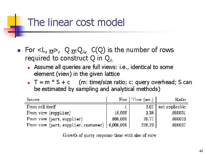 The linear cost model n For <L, _>, Q _ QA, C(Q) is the