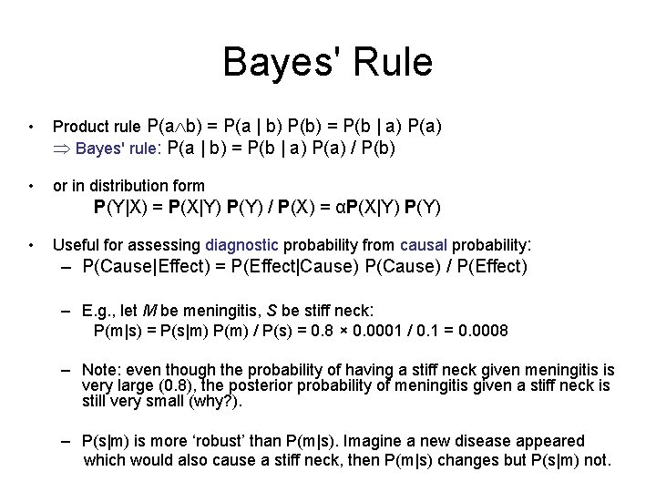 Bayes' Rule • Product rule P(a b) = P(a | b) P(b) = P(b