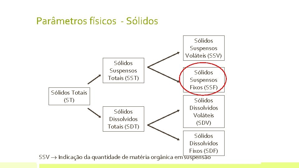 Parâmetros físicos - Sólidos Suspensos Totais (SST) Sólidos Totais (ST) Sólidos Dissolvidos Totais (SDT) Parâmetros físicos - Sólidos Suspensos Totais (SST) Sólidos Totais (ST) Sólidos Dissolvidos Totais (SDT)
