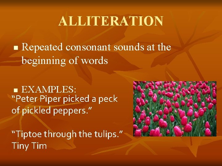 ALLITERATION n Repeated consonant sounds at the beginning of words EXAMPLES: “Peter Piper picked
