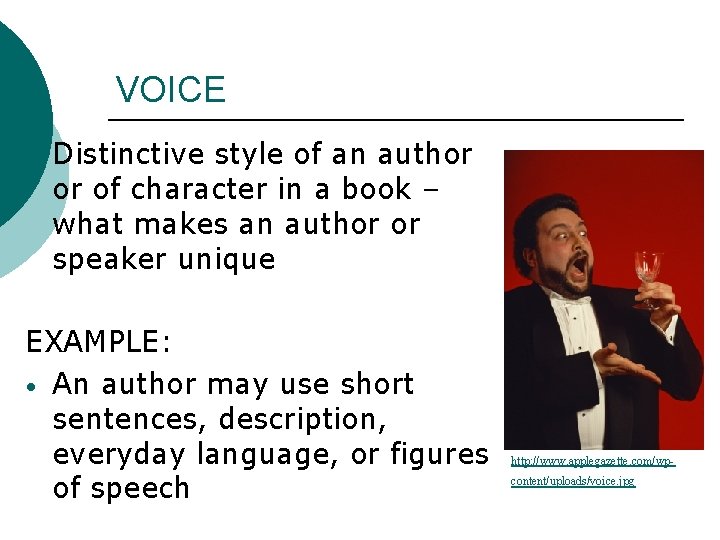 VOICE ¡ Distinctive style of an author or of character in a book –