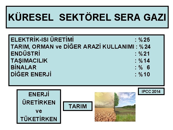 KÜRESEL SEKTÖREL SERA GAZI ELEKTRİK-ISI ÜRETİMİ : %25 TARIM, ORMAN ve DİĞER ARAZİ KULLANIMI