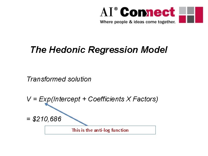 The Hedonic Regression Model Transformed solution V = Exp(Intercept + Coefficients X Factors) =