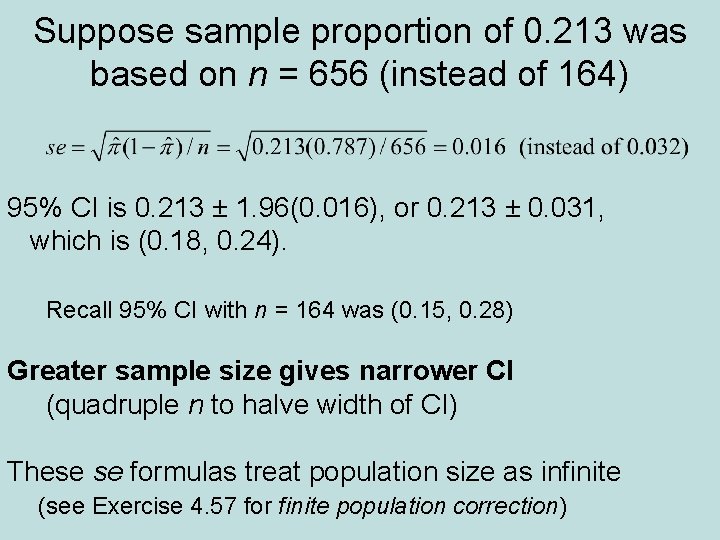 Suppose sample proportion of 0. 213 was based on n = 656 (instead of
