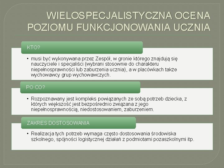 WIELOSPECJALISTYCZNA OCENA POZIOMU FUNKCJONOWANIA UCZNIA KTO? • musi być wykonywana przez Zespół, w gronie