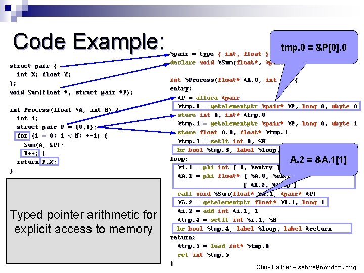 Code Example: struct pair { int X; float Y; }; void Sum(float *, struct