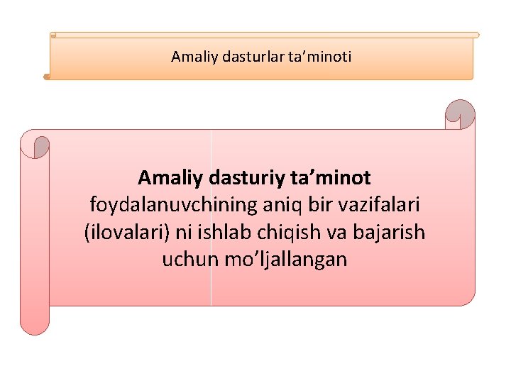 Amaliy dasturlar ta’minoti Amaliy dasturiy ta’minot foydalanuvchining aniq bir vazifalari (ilovalari) ni ishlab chiqish