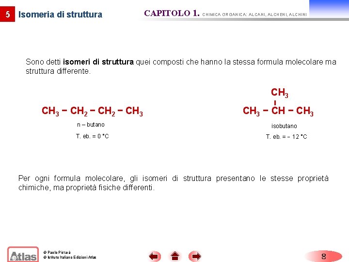 5 Isomeria di struttura CAPITOLO 1. CHIMICA ORGANICA: ALCANI, ALCHENI, ALCHINI Sono detti isomeri