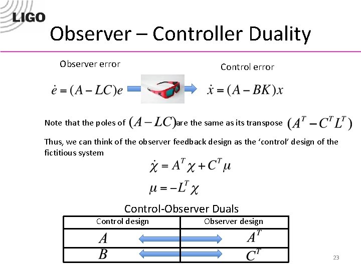 Observer – Controller Duality Observer error Control error Note that the poles of are