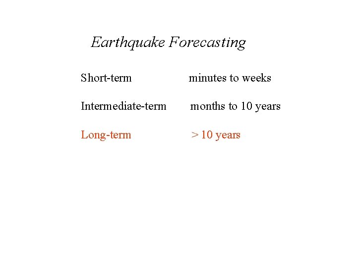 Earthquake Forecasting Short-term minutes to weeks Intermediate-term months to 10 years Long-term > 10 Earthquake Forecasting Short-term minutes to weeks Intermediate-term months to 10 years Long-term > 10