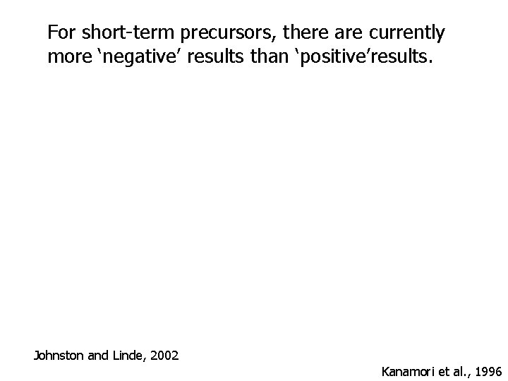 For short-term precursors, there are currently more ‘negative’ results than ‘positive’results. Johnston and Linde, For short-term precursors, there are currently more ‘negative’ results than ‘positive’results. Johnston and Linde,