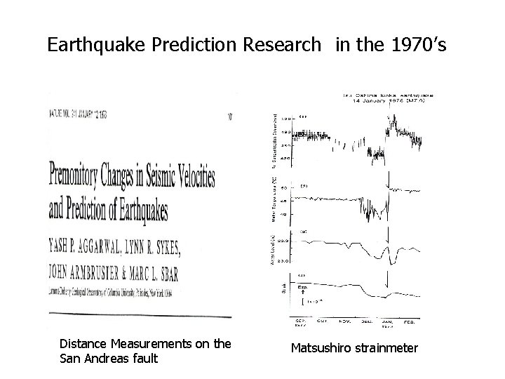Earthquake Prediction Research in the 1970’s Distance Measurements on the San Andreas fault Matsushiro strainmeter Earthquake Prediction Research in the 1970’s Distance Measurements on the San Andreas fault Matsushiro strainmeter
