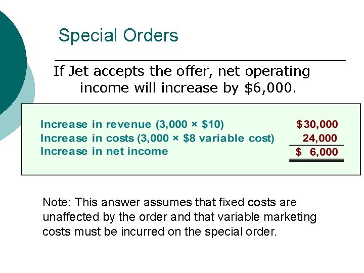 Special Orders If Jet accepts the offer, net operating income will increase by $6,