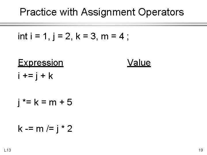 Practice with Assignment Operators int i = 1, j = 2, k = 3,