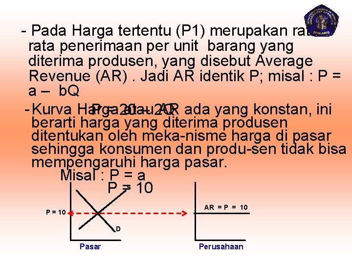 - Pada Harga tertentu (P 1) merupakan rata penerimaan per unit barang yang diterima