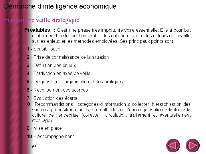  Démarche d’intelligence économique Processus de veille stratégique Préalables : C’est une phase très