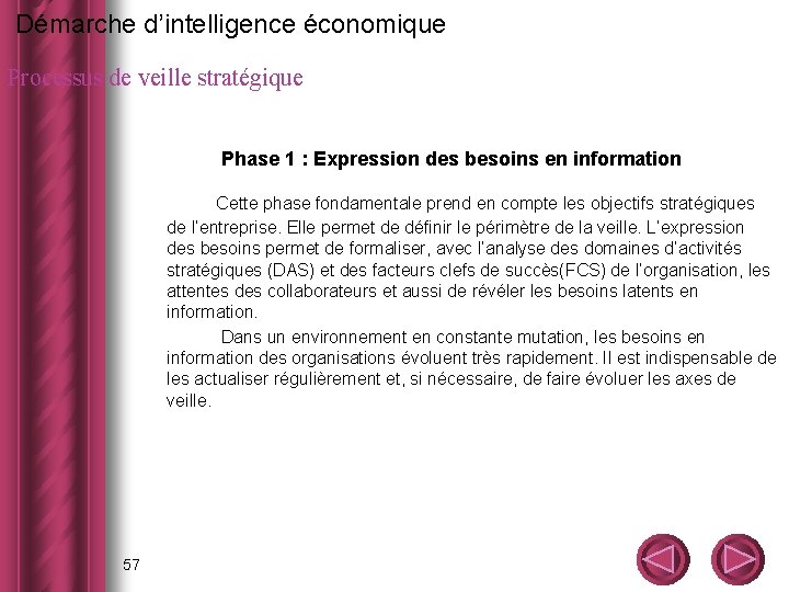  Démarche d’intelligence économique Processus de veille stratégique Phase 1 : Expression des besoins