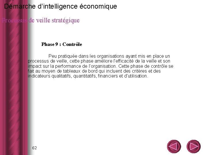  Démarche d’intelligence économique Processus de veille stratégique Phase 9 : Contrôle Peu pratiquée