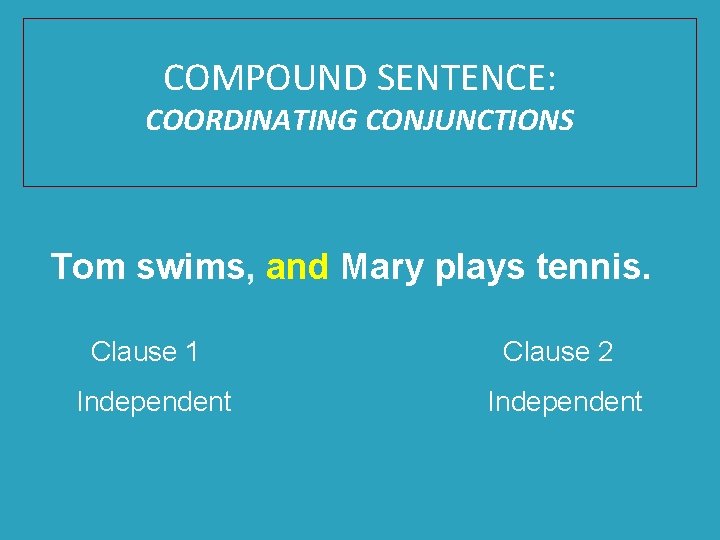 COMPOUND SENTENCE: COORDINATING CONJUNCTIONS Tom swims, and Mary plays tennis. Clause 1 Clause 2