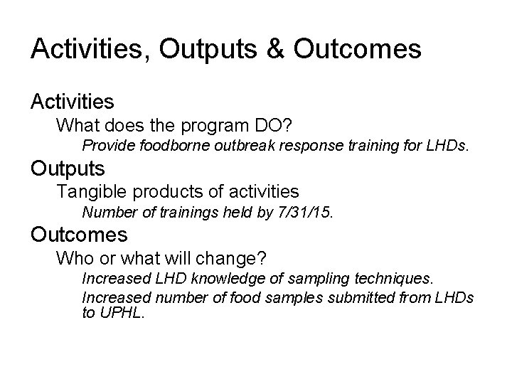 Activities, Outputs & Outcomes Activities What does the program DO? Provide foodborne outbreak response Activities, Outputs & Outcomes Activities What does the program DO? Provide foodborne outbreak response
