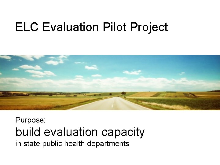 ELC Evaluation Pilot Project Purpose: build evaluation capacity in state public health departments ELC Evaluation Pilot Project Purpose: build evaluation capacity in state public health departments