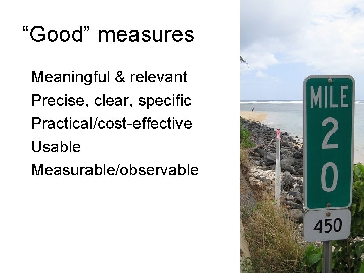 “Good” measures Meaningful & relevant Precise, clear, specific Practical/cost-effective Usable Measurable/observable “Good” measures Meaningful & relevant Precise, clear, specific Practical/cost-effective Usable Measurable/observable