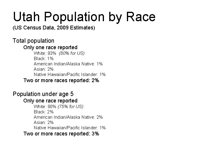Utah Population by Race (US Census Data, 2009 Estimates) Total population Only one race Utah Population by Race (US Census Data, 2009 Estimates) Total population Only one race