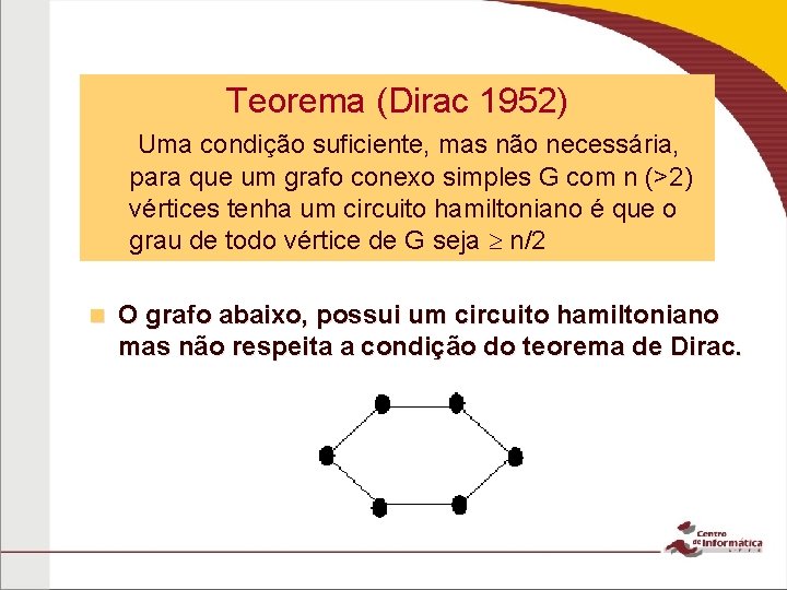 Teorema (Dirac 1952) Uma condição suficiente, mas não necessária, para que um grafo conexo Teorema (Dirac 1952) Uma condição suficiente, mas não necessária, para que um grafo conexo